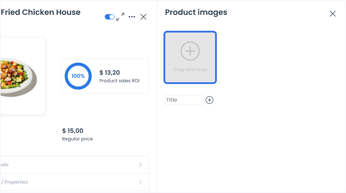 Product images panel with a drag-and-drop area, Title field, and add control