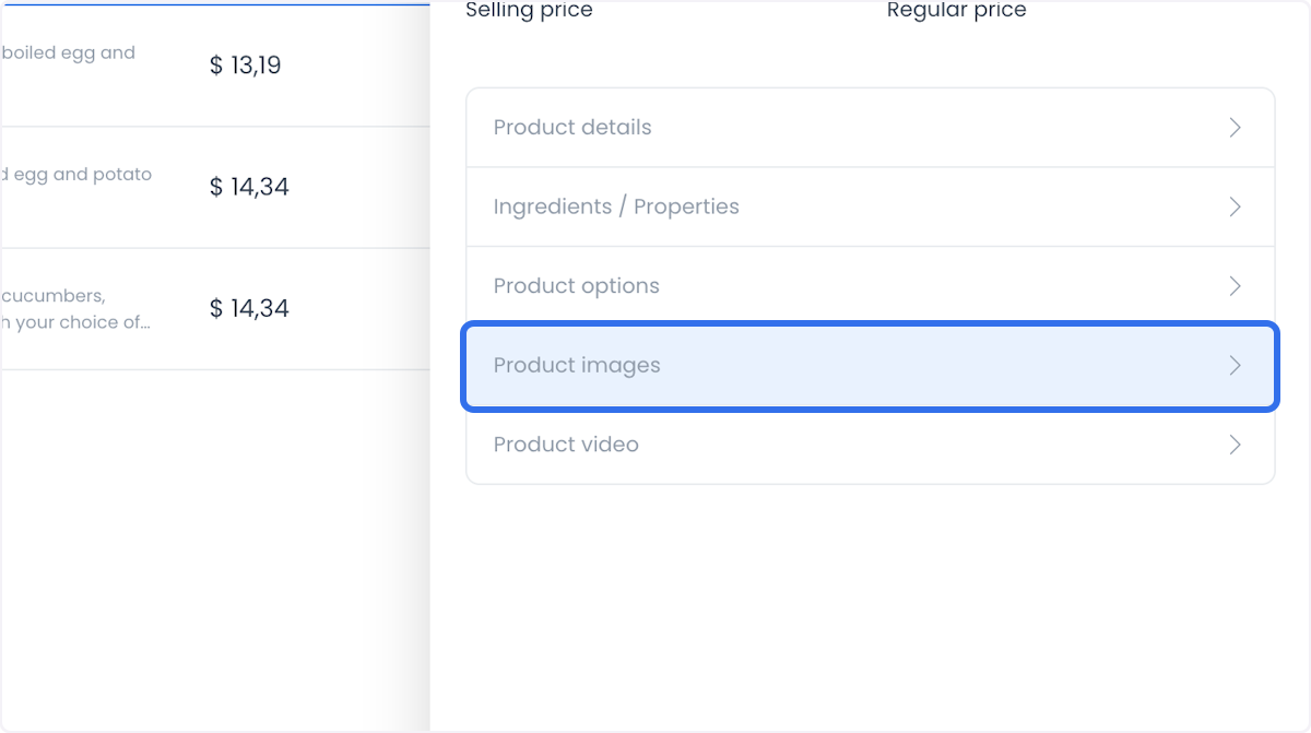 Product panel with Product images selected