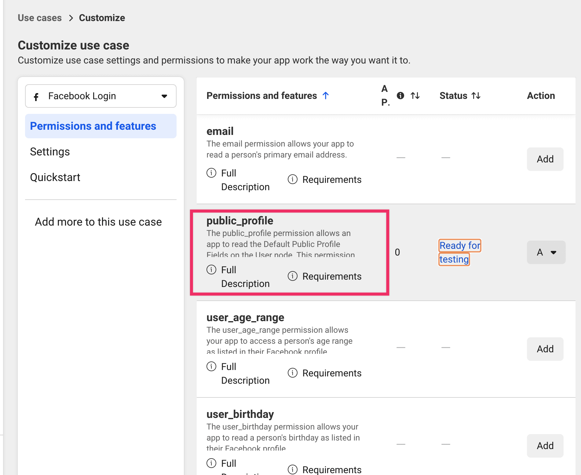 Facebook Login use case shown as activated