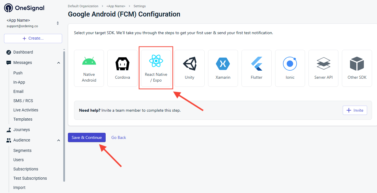 OneSignal select React Native SDK