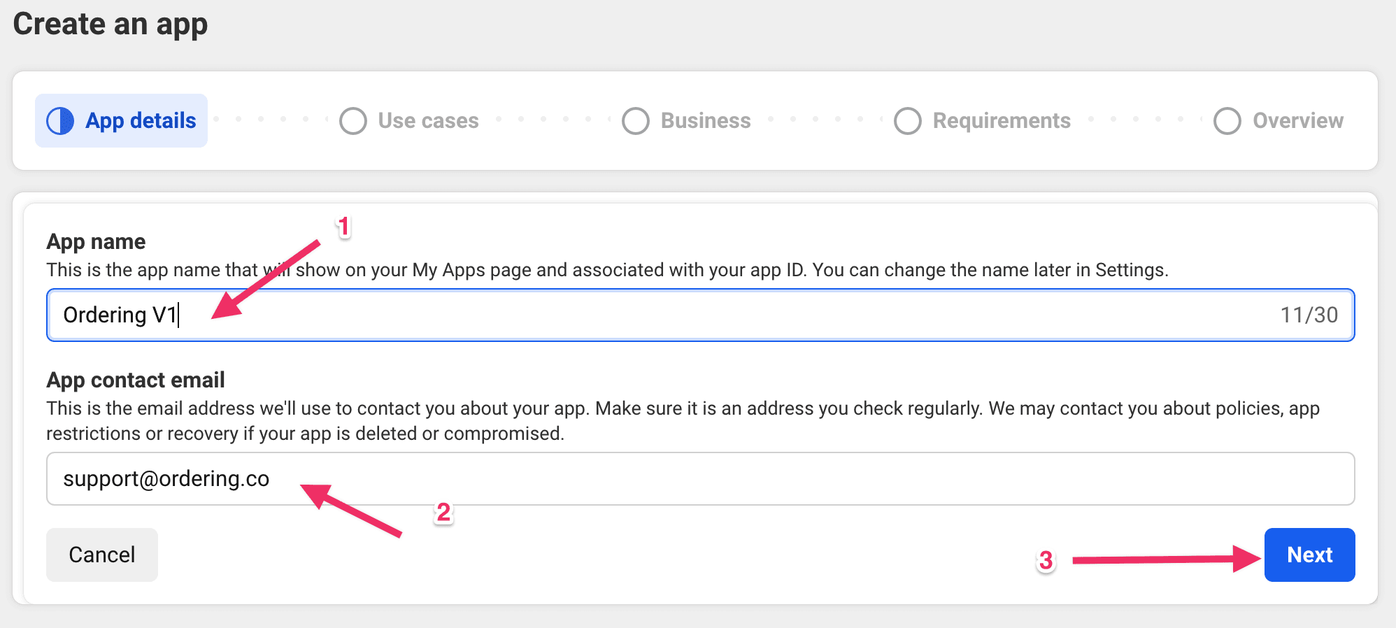 Facebook app details with app name and contact email
