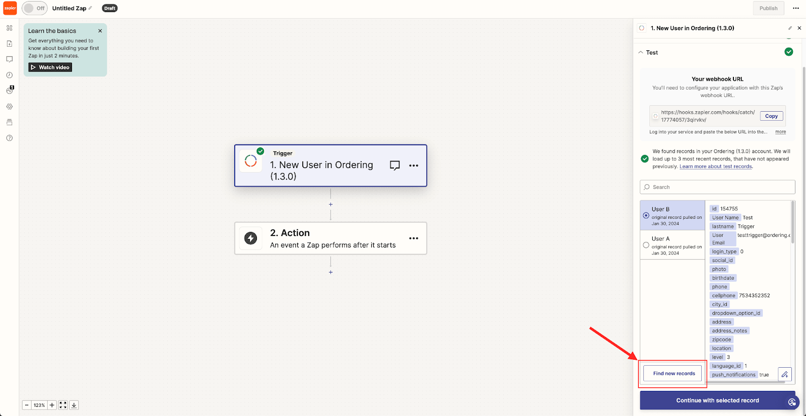 Zapier trigger test showing New User records from Ordering.co