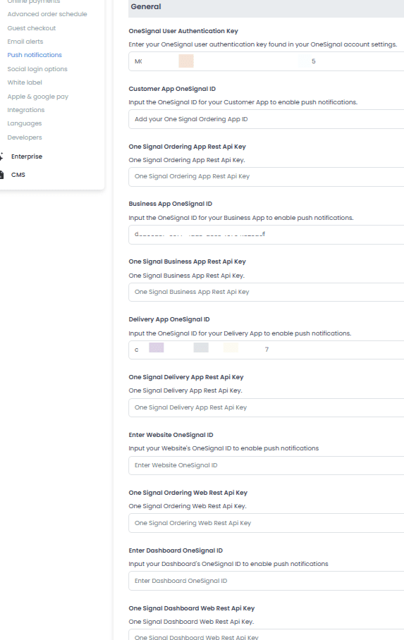 Campos de credenciales OneSignal para las apps Customer, Business, Delivery, Website y Dashboard