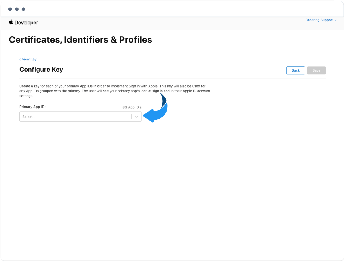 Configurar la clave con el App ID principal