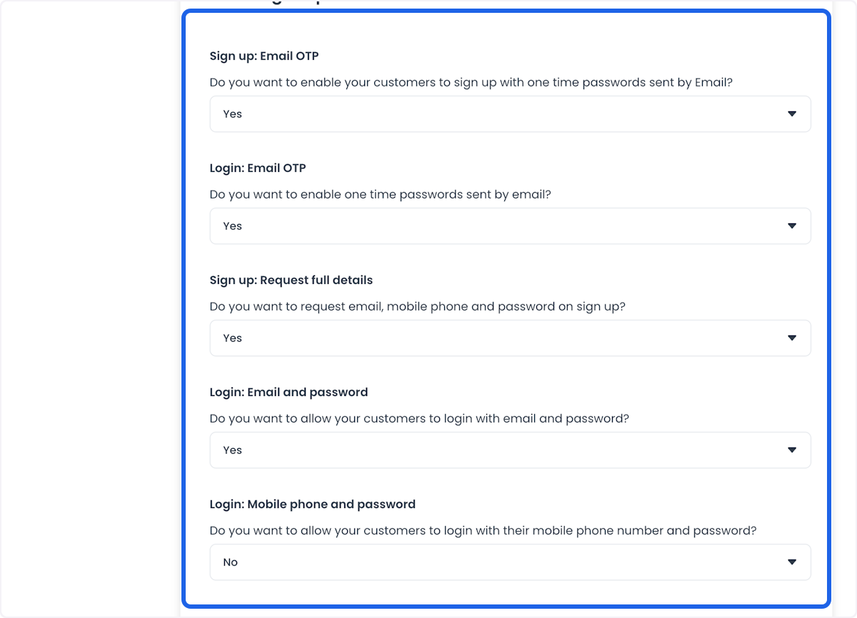 Opciones de inicio de sesión con OTP y contraseña: Email OTP y registro con todos los datos habilitados