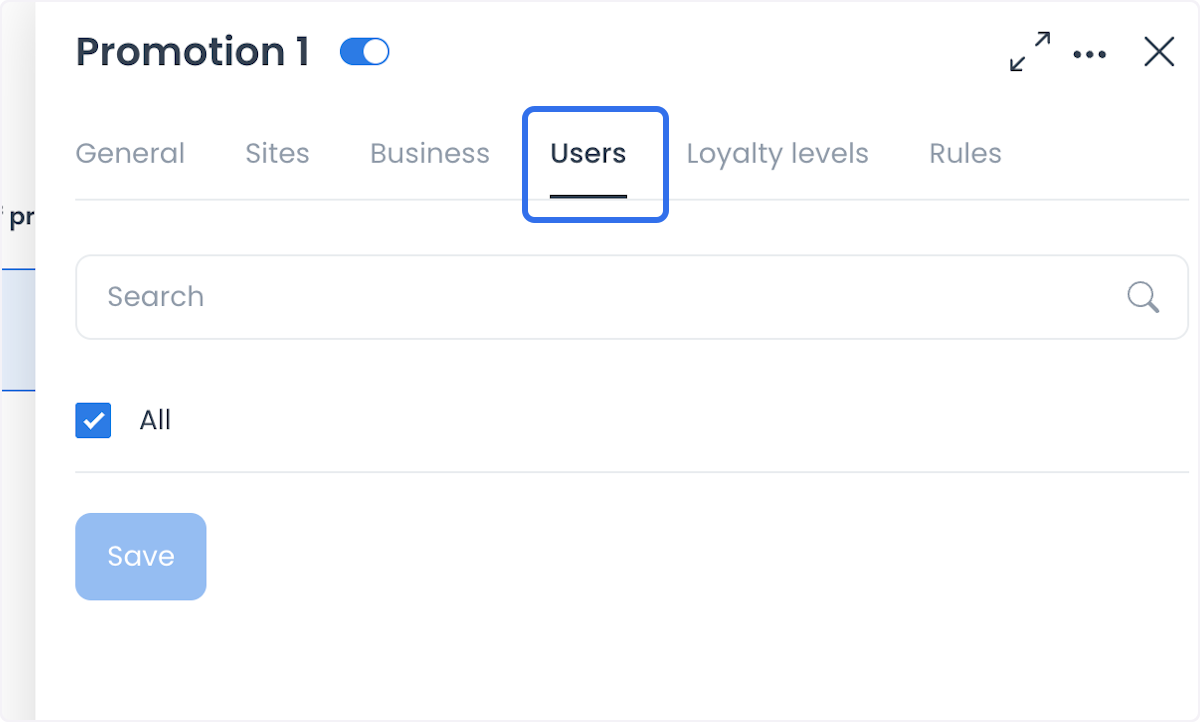 Pestaña Users del editor de promociones con búsqueda, casilla All y acción Save