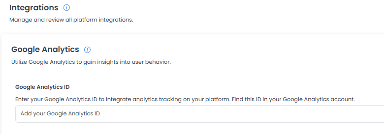 Campo Google Analytics ID en la página Integrations