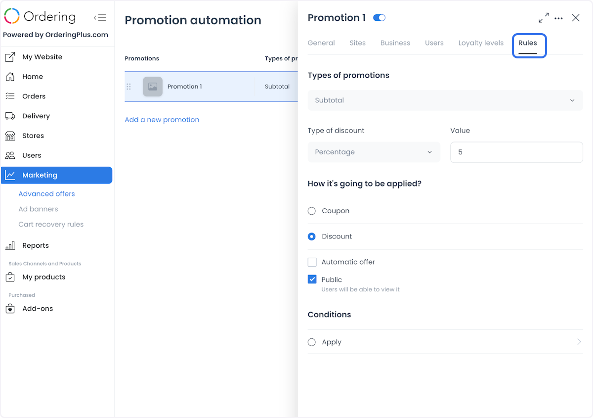 Pestaña Rules del editor con tipos de promoción, tipo de descuento, valor, cupón o descuento, opciones Automatic offer y Public, y controles Conditions