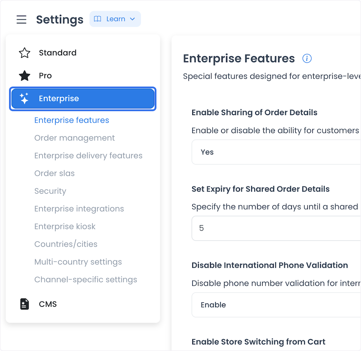 Categoría Settings Enterprise