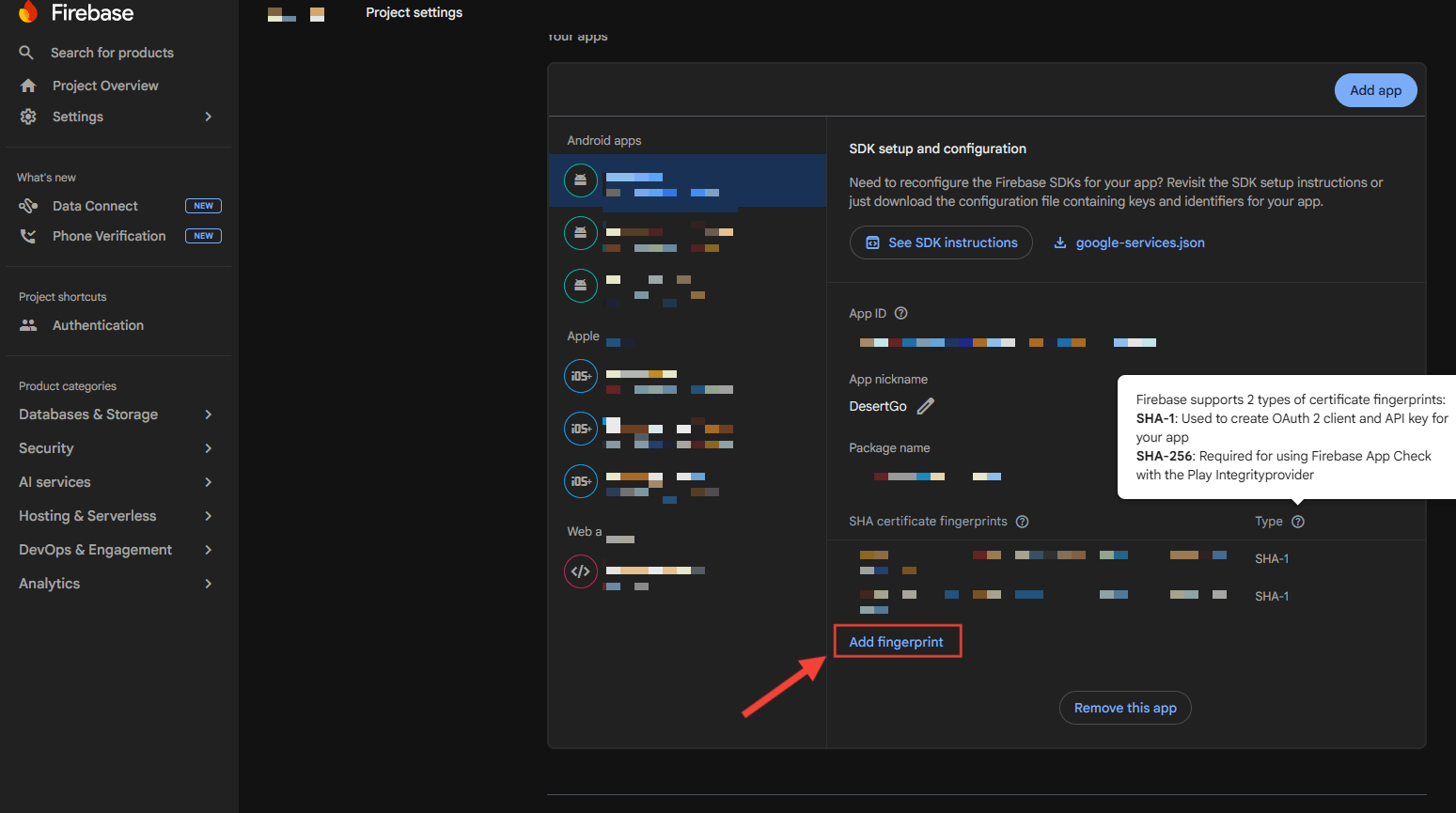 Huellas de certificado SHA-1 de la app Android Firebase