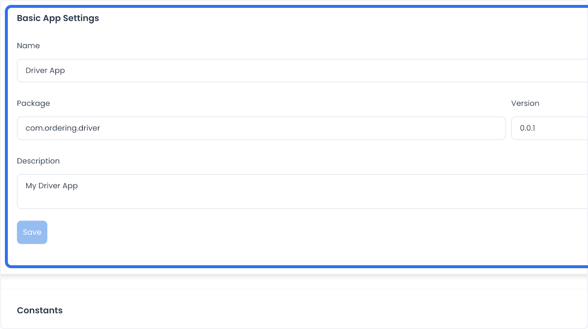Formulario Basic App Settings con nombre, paquete, versión y descripción de Driver App, y botón Save