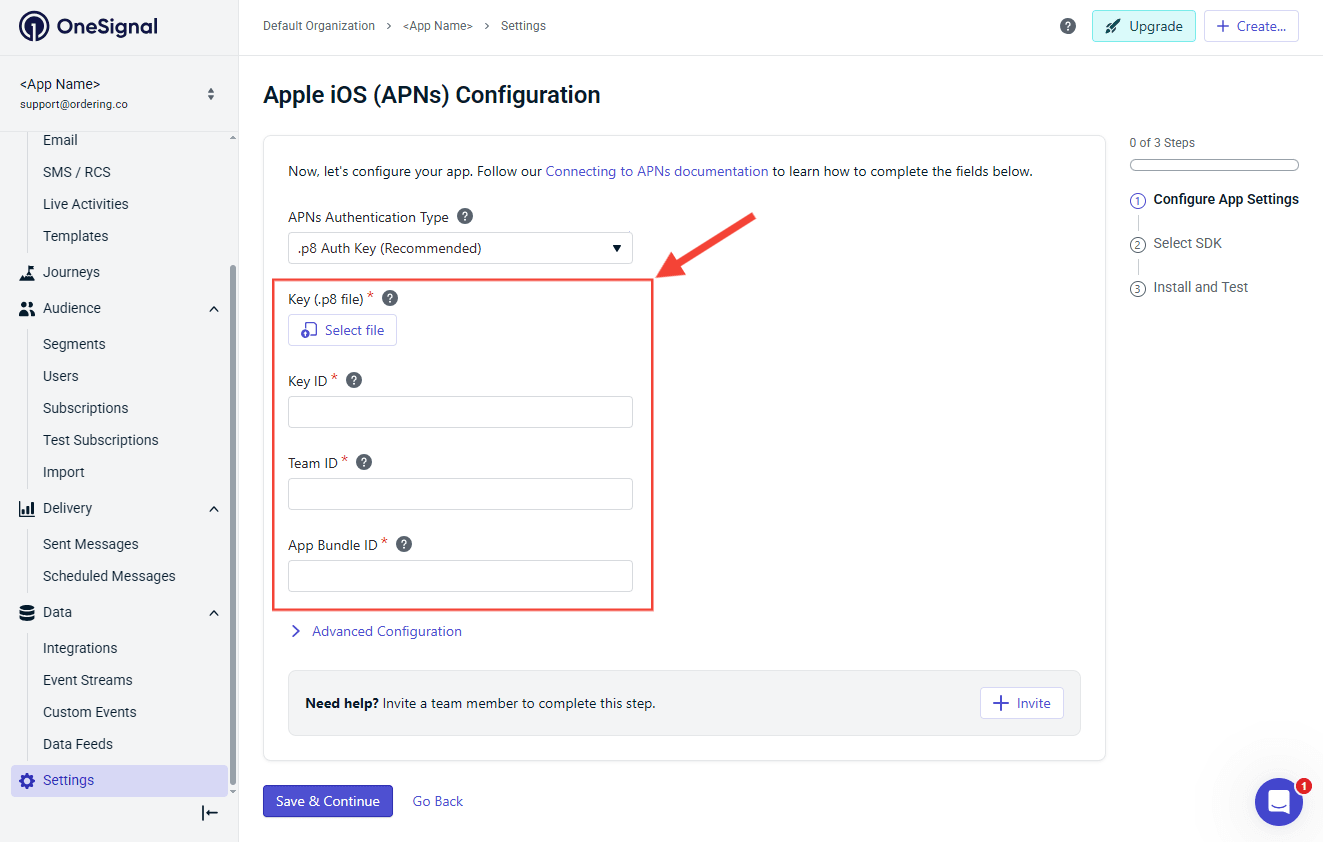 Campos iOS de OneSignal para p8, Key ID, Team ID y Bundle ID
