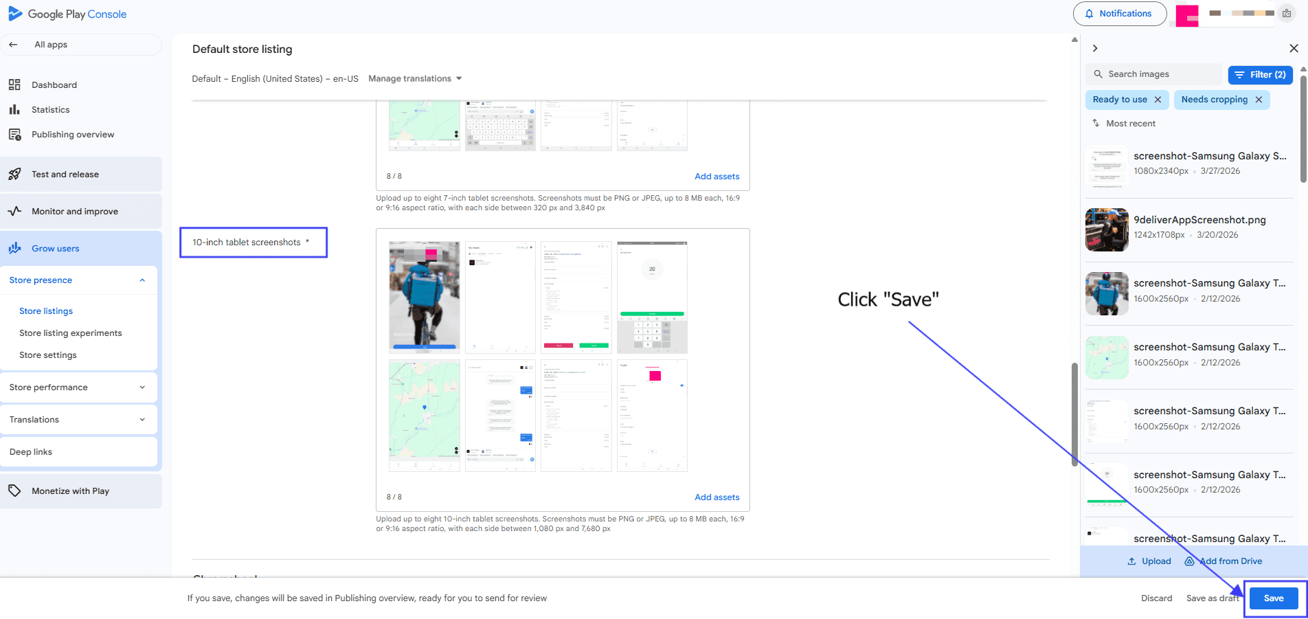Guardar cambios de capturas en Google Play