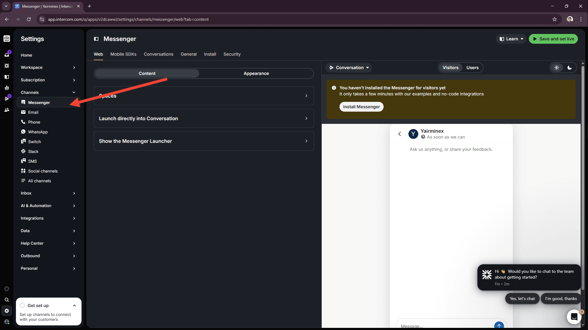 Barra lateral Settings de Intercom con Channels y Messenger