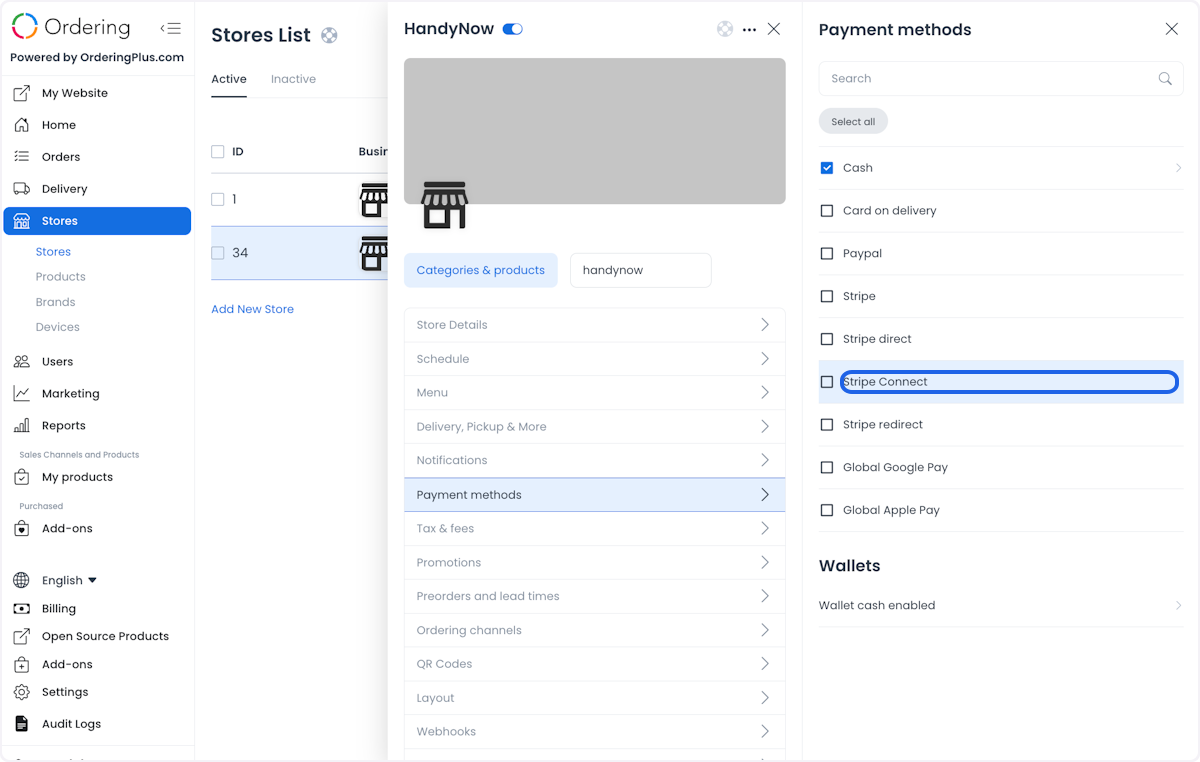 Formas de pago de la tienda con Stripe Connect