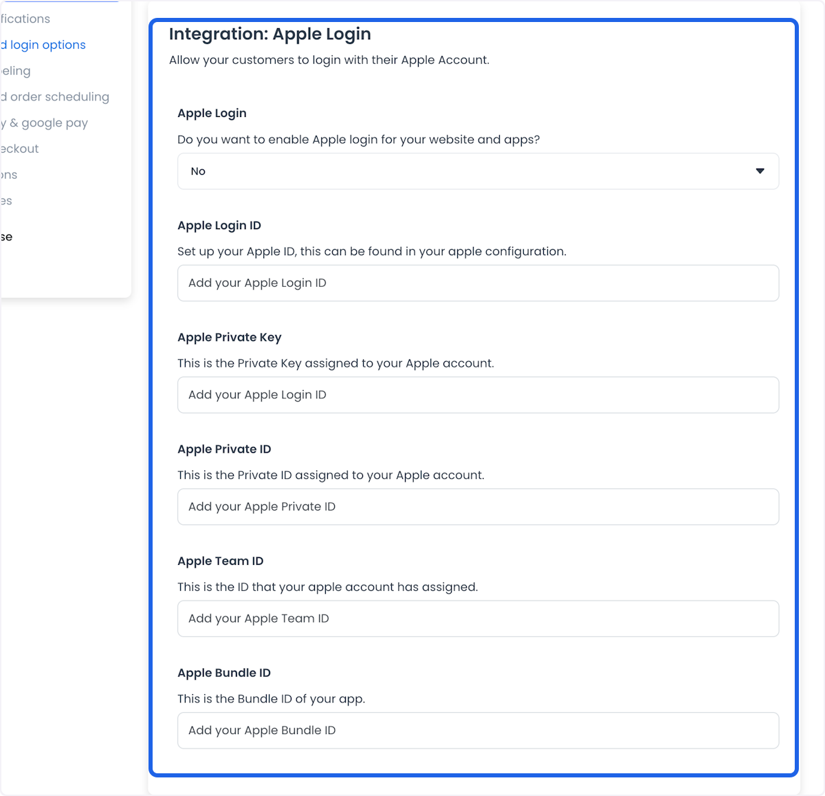 Campos Apple Sign-in en Social login options