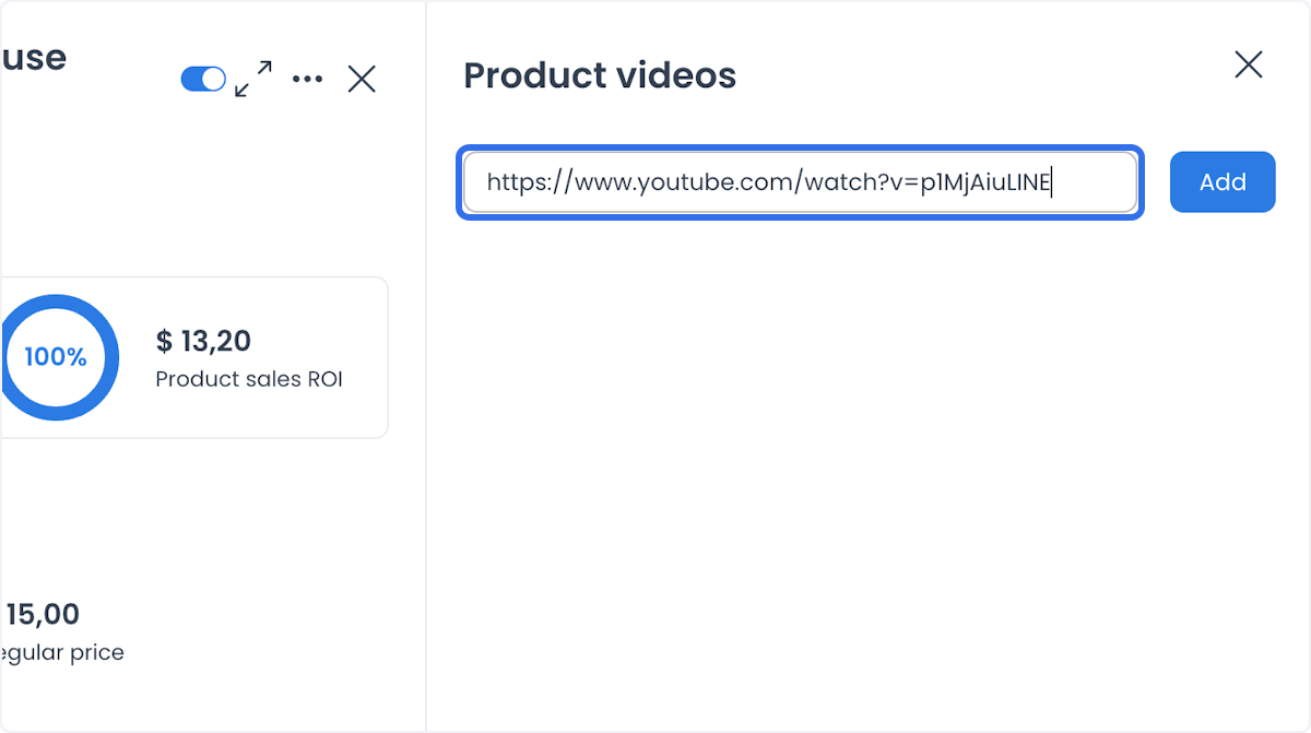 Panel Product videos con una URL de YouTube y un botón Add