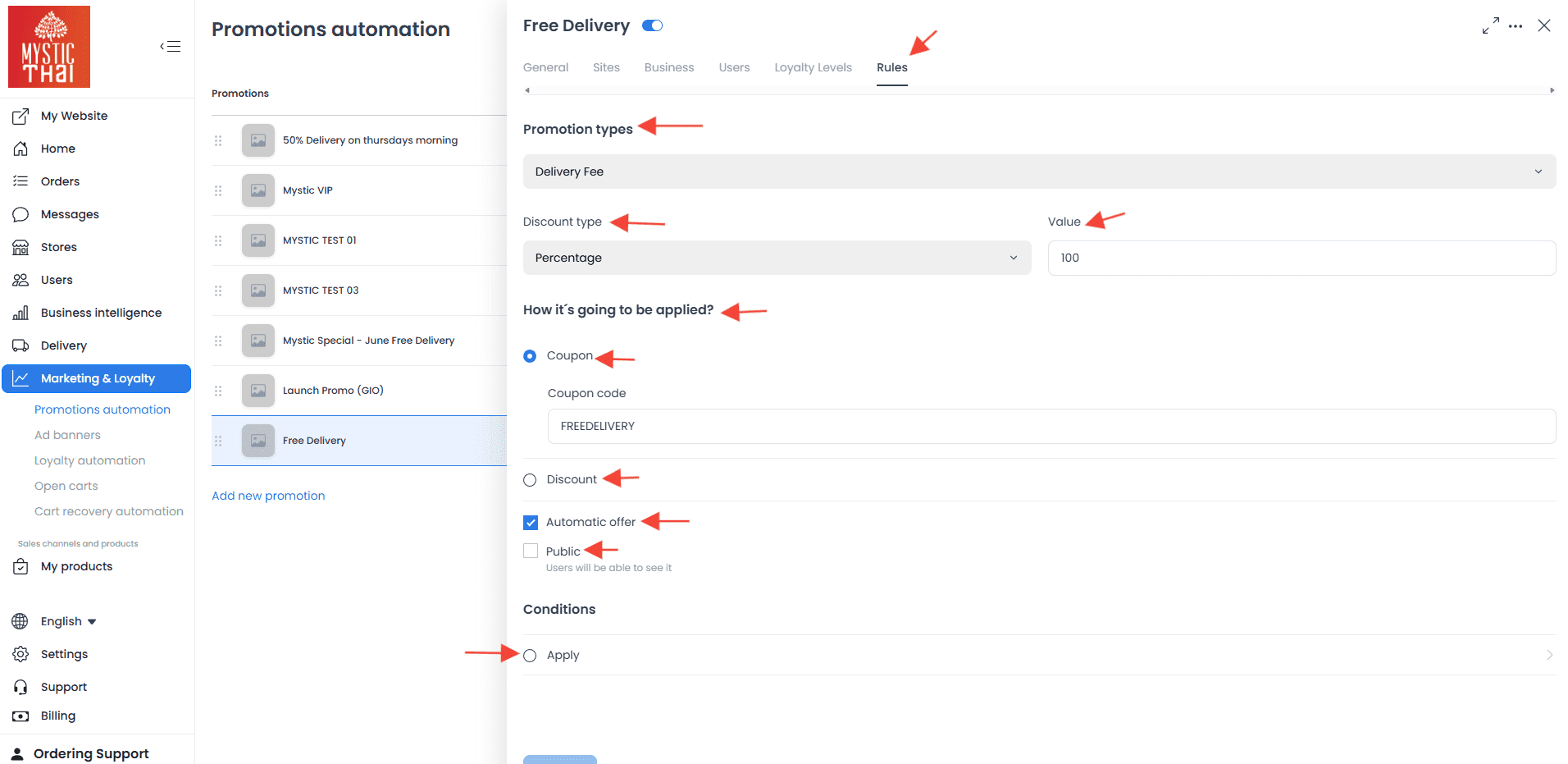 Pestaña Rules del editor con objetivo de cargo por entrega, valor porcentual, código de cupón, Automatic offer, Public y Conditions