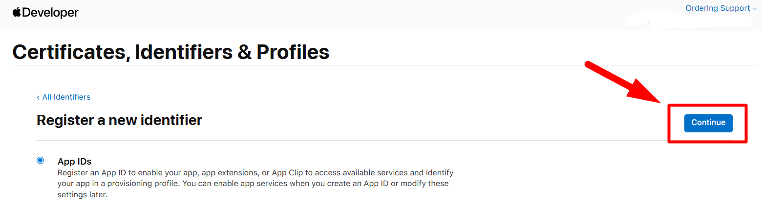 Elegir App IDs en Apple Developer