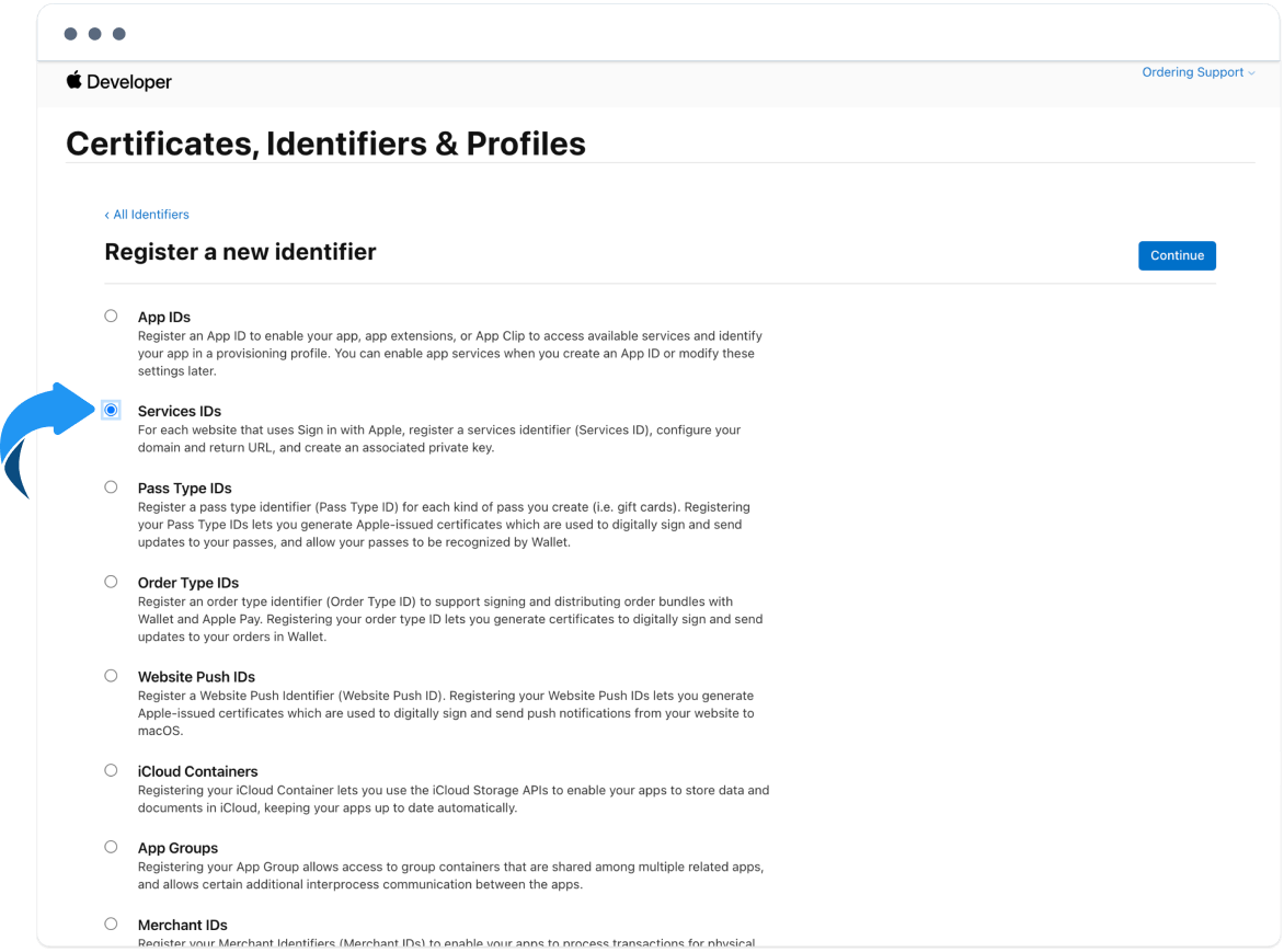 Registro de un identificador nuevo con Services IDs seleccionado