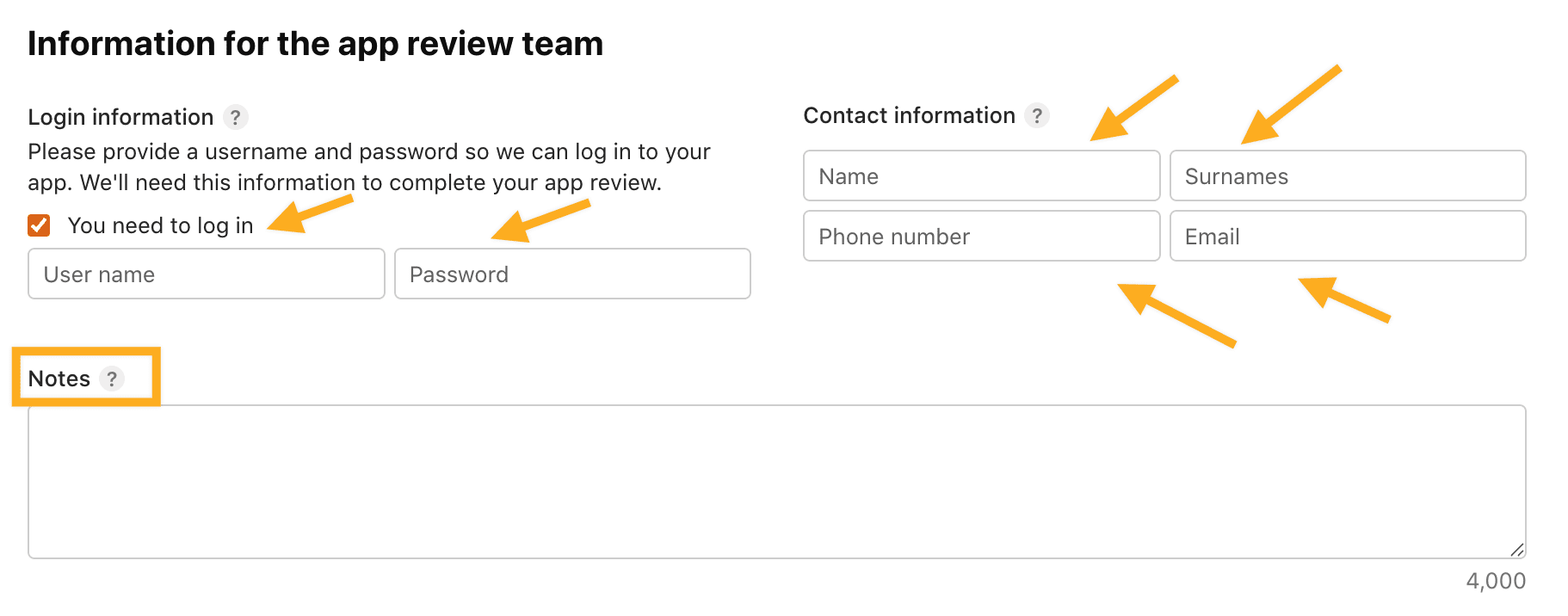 Ingresar contacto de App Review y datos de inicio de sesión