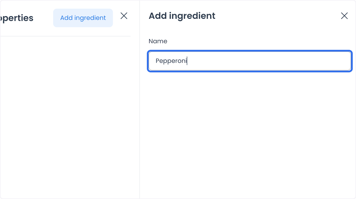 Panel Add ingredient con el campo Name completado con Pepperoni