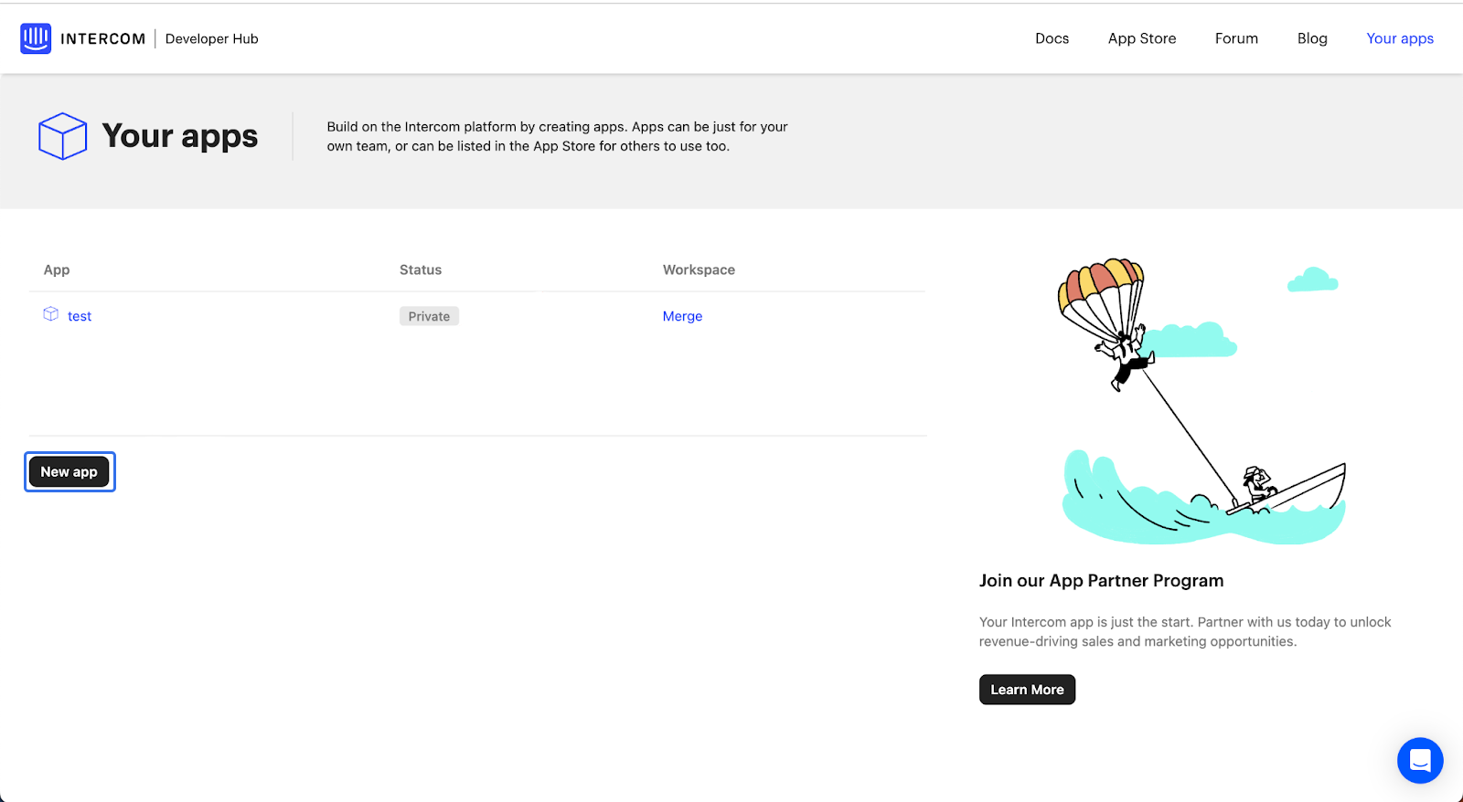 Your apps de Intercom Developer Hub con New app