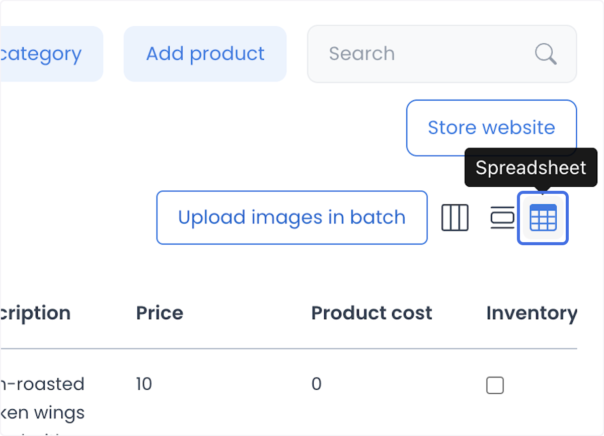Tabla de productos con el icono Spreadsheet seleccionado y el botón Upload images in batch