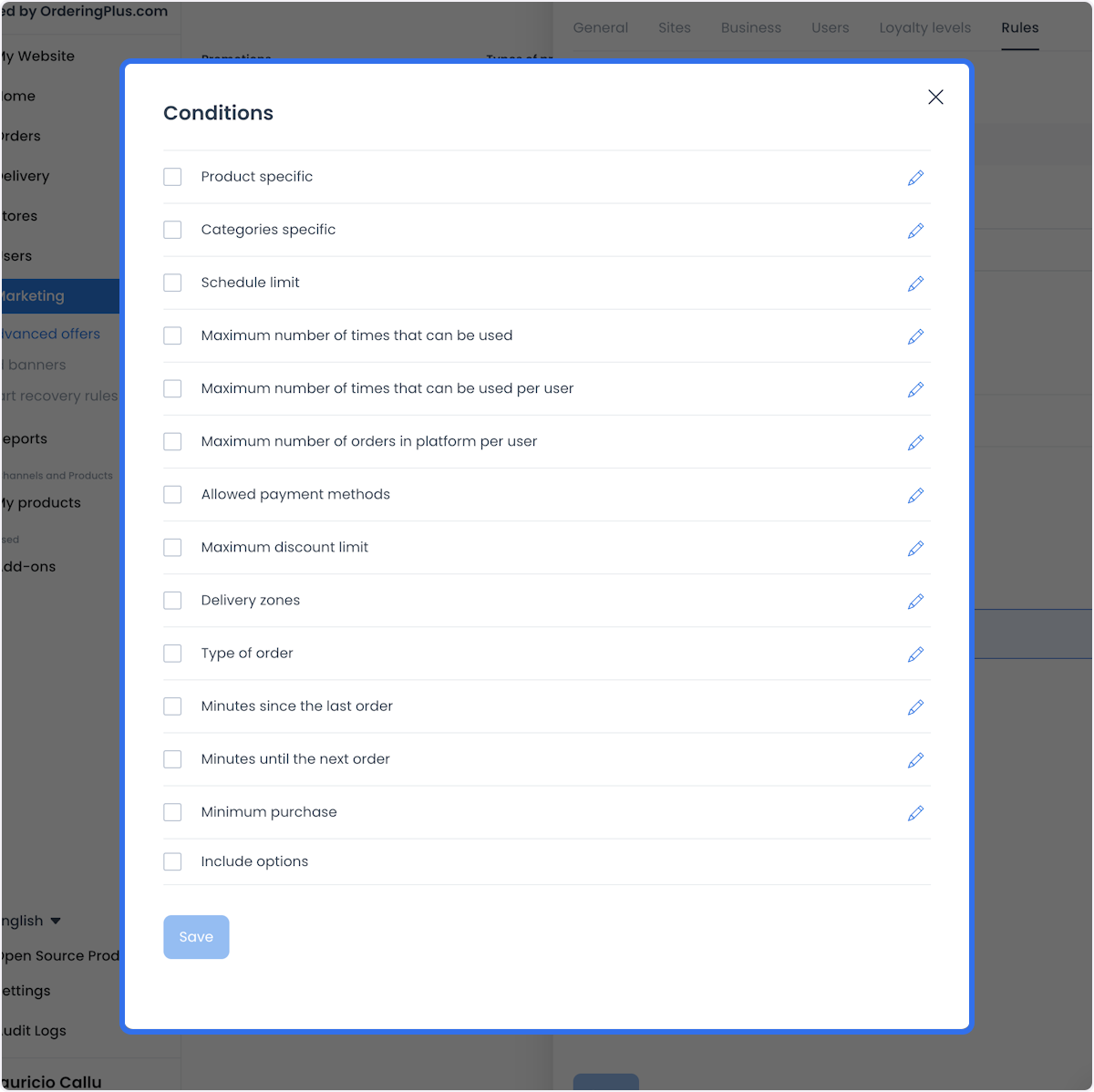 Cuadro Conditions con controles de producto, categoría, horario, uso, pago, zona, tipo de pedido, tiempo, compra mínima y opciones