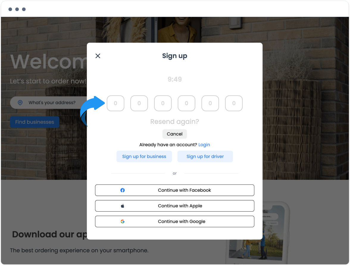 Ventana de verificación OTP para el código recibido