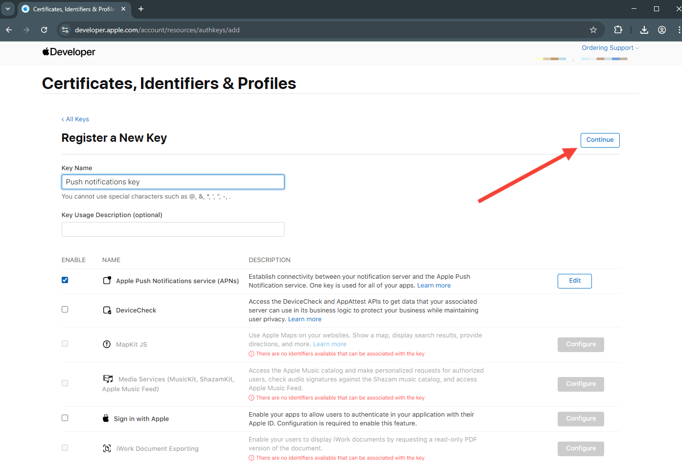 Register a New Key Continue