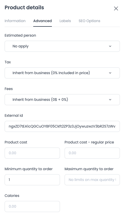 Pestaña Advanced de Product details con Estimated person, Tax, Fees, External id, costos, límites de cantidad y Calories