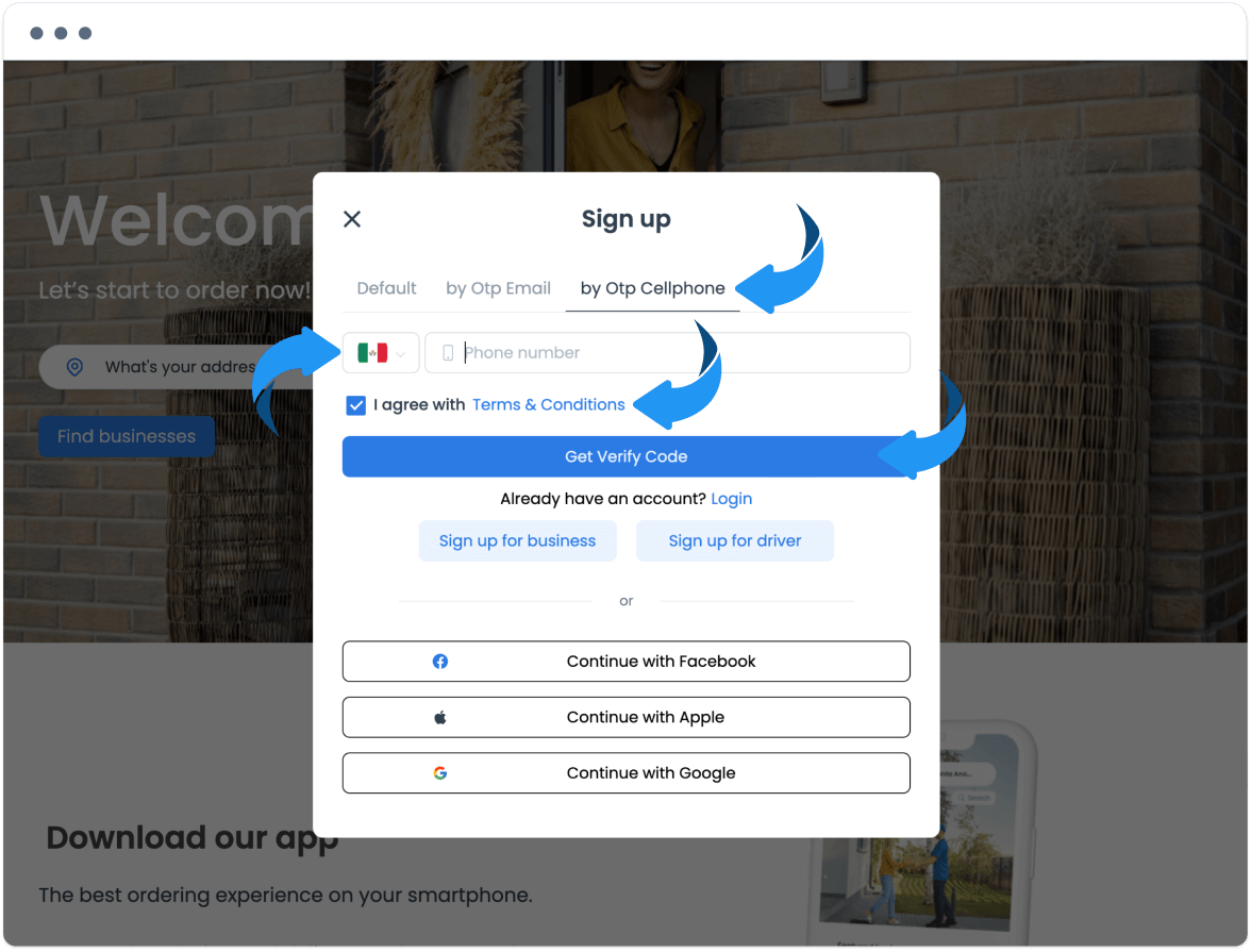 Registro Phone OTP que solicita un número móvil