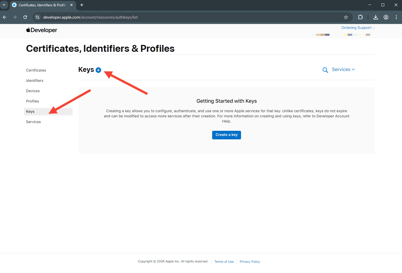 Apple Developer Register a New Key