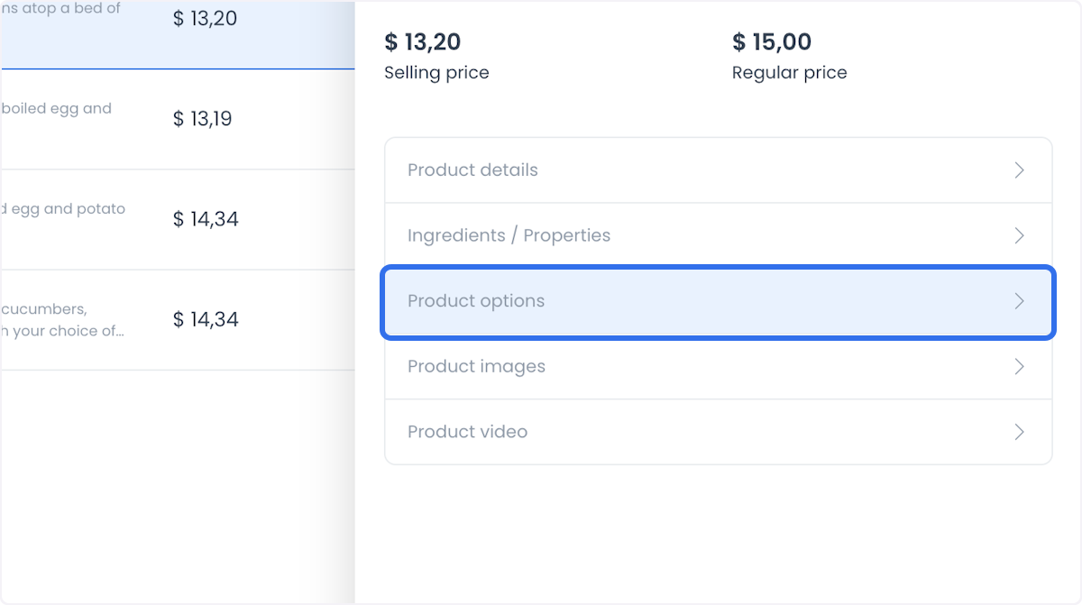 Panel del producto con Product options seleccionado