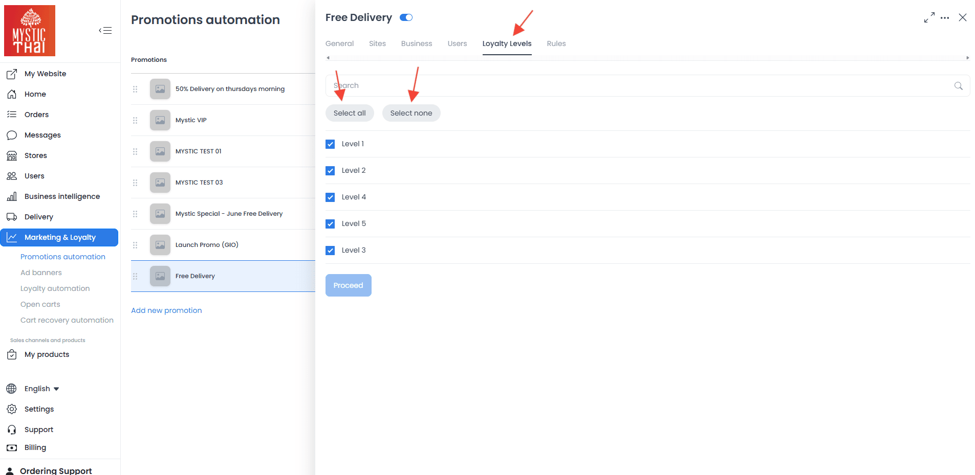 Pestaña Loyalty levels del editor con búsqueda, Select all y Select none, niveles seleccionados y acción Proceed