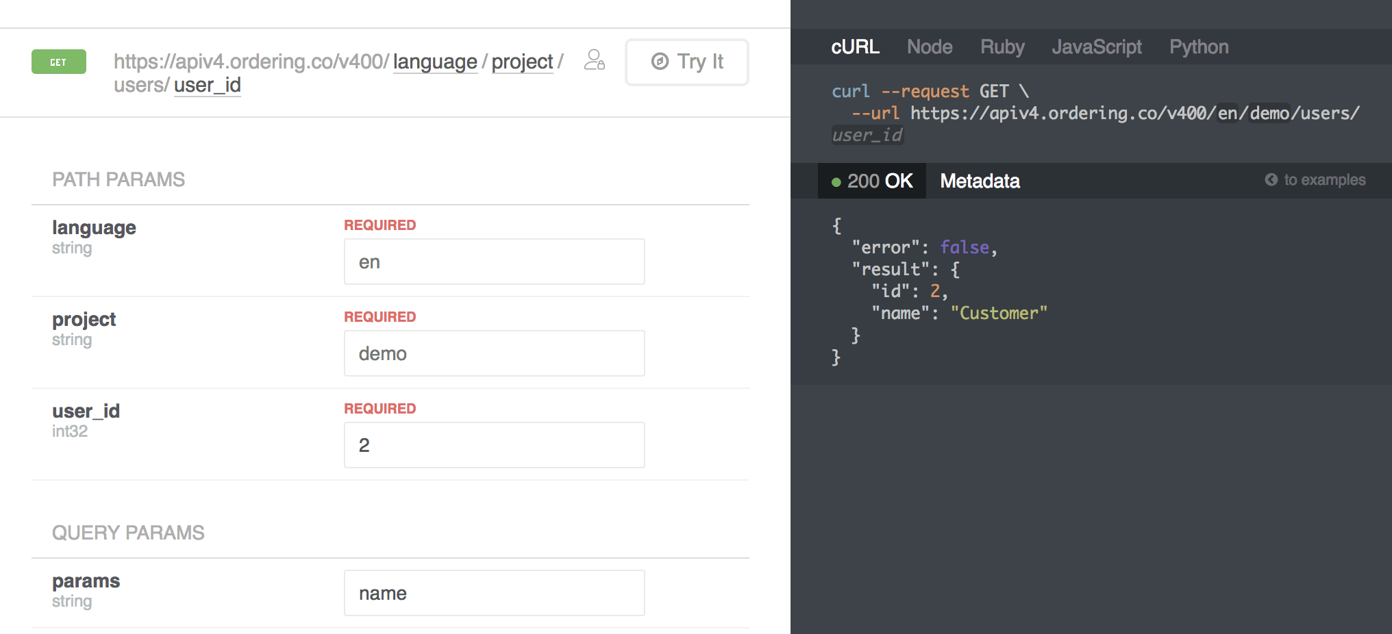 Ejemplo del explorador de API heredado
