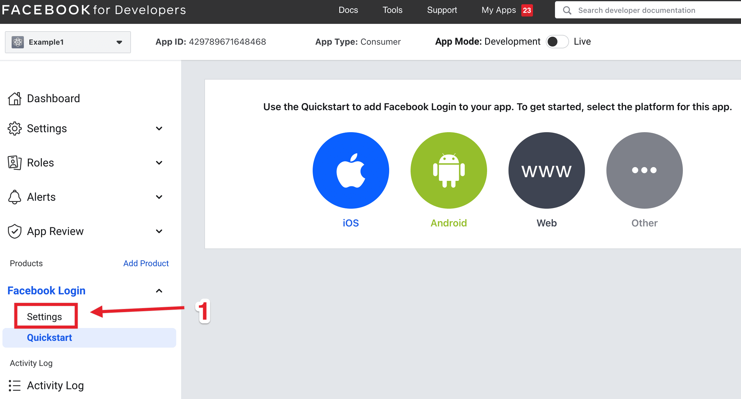 Settings de Facebook Login en el panel izquierdo, no Quickstart