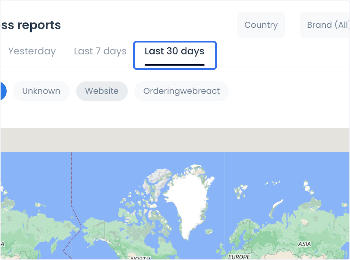 Filtros Country, Brand, Business, zona horaria y fecha de Business reports
