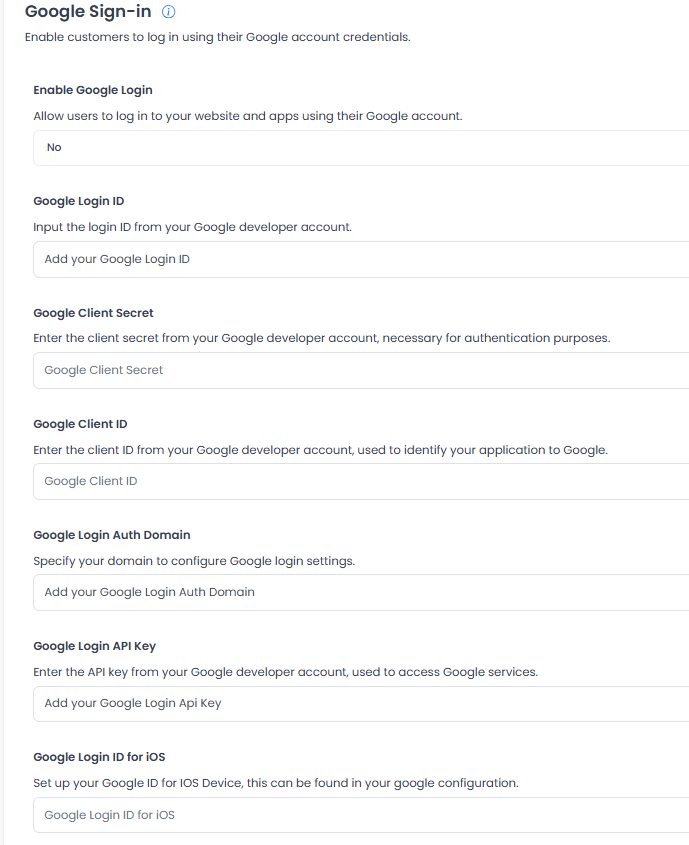 Campos Google Sign-in: Login ID, Client Secret, Client ID, Auth Domain, API Key y Login ID for iOS