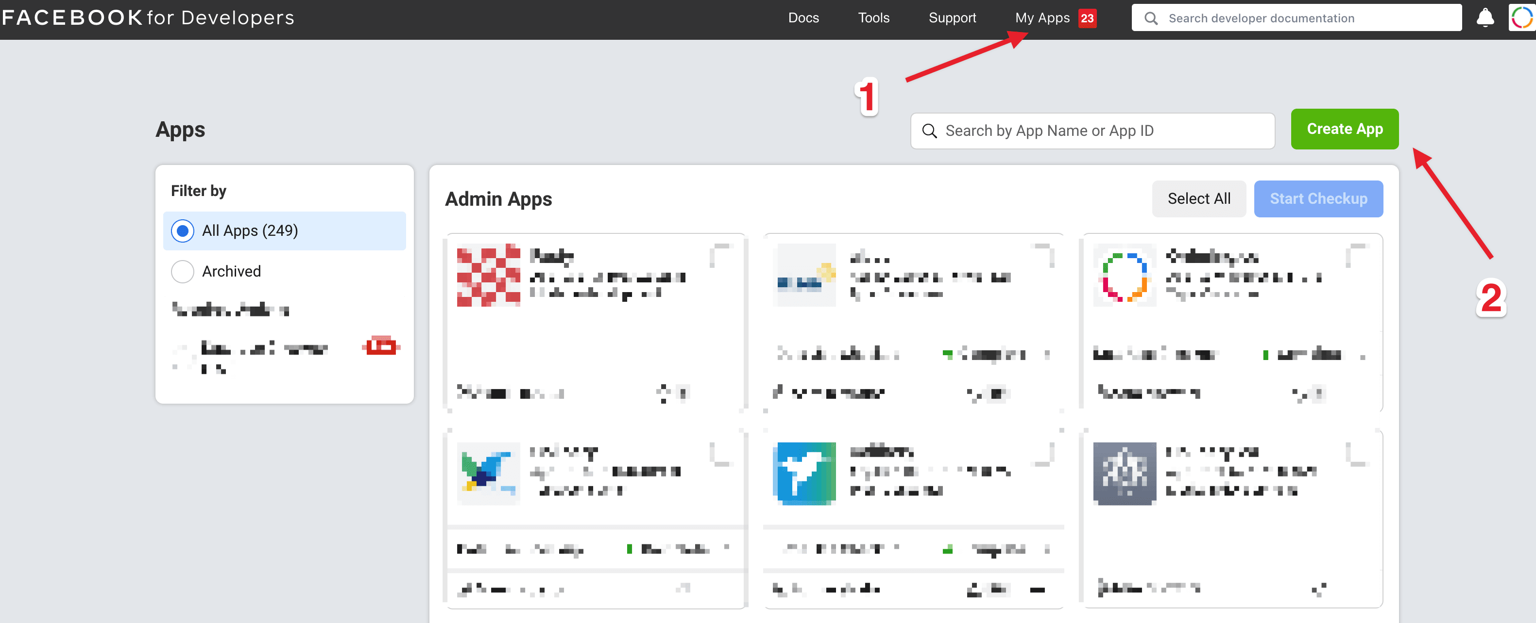 Encabezado de Facebook Developers con My Apps y Create App