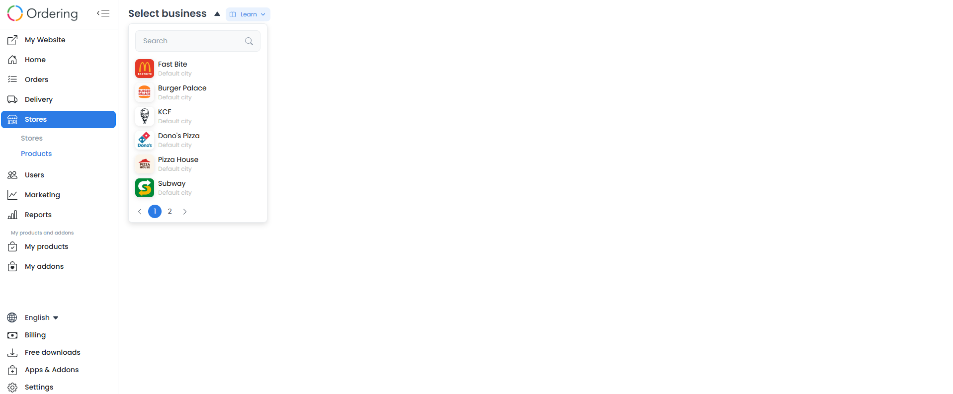 Selector de tienda abierto con una lista de negocios que se puede buscar