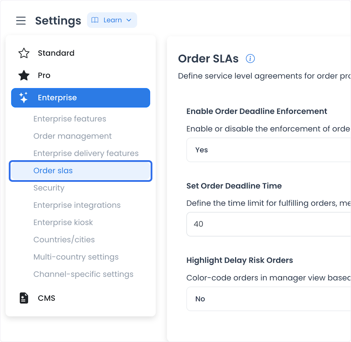 Descripción general de los ajustes Order SLA