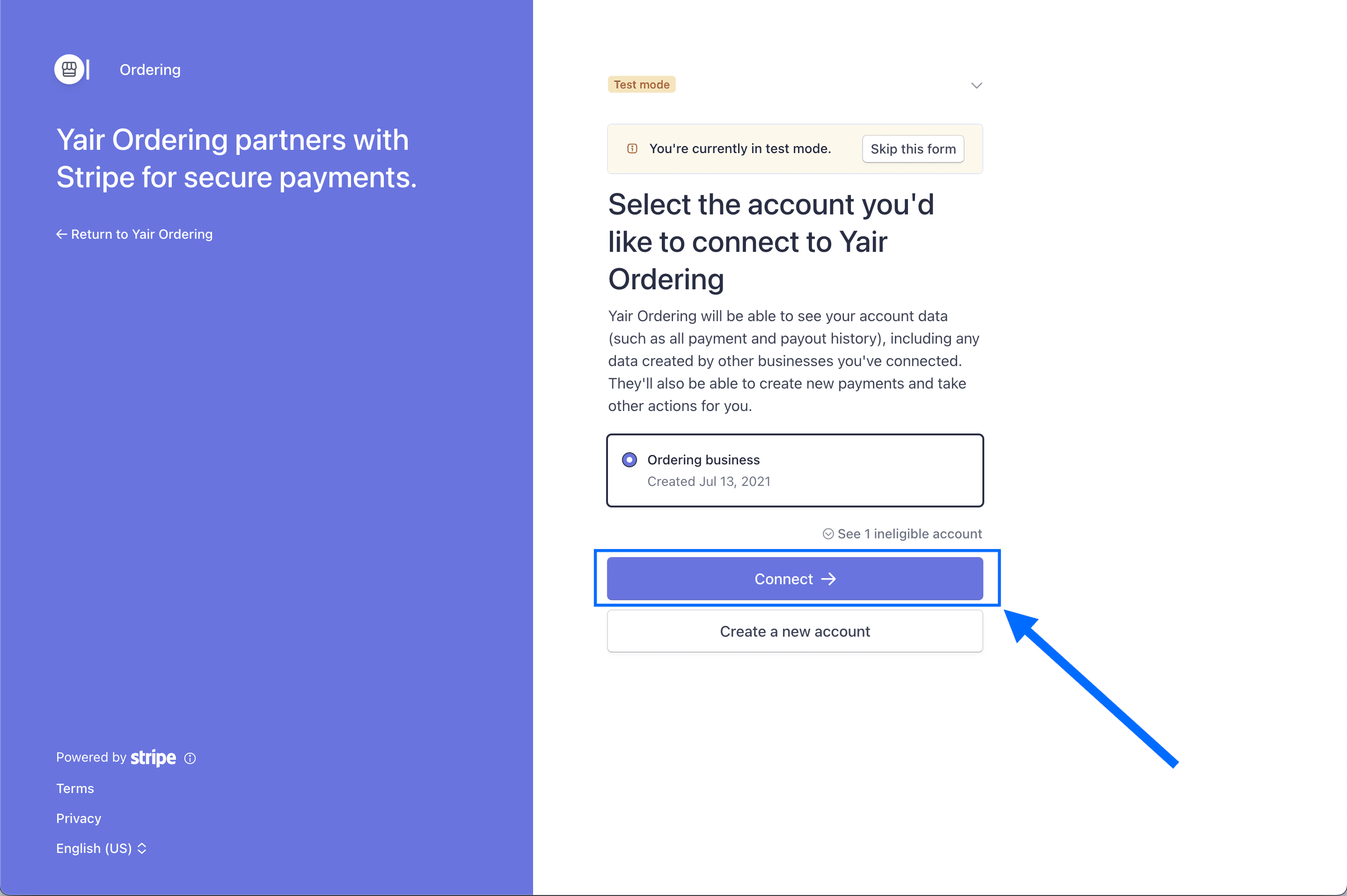 Selección histórica de cuenta Stripe