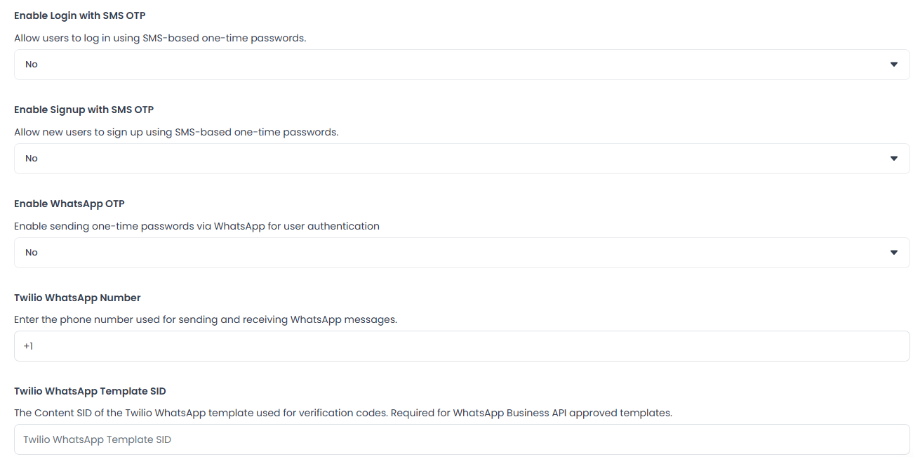 Enable Login with SMS OTP, Enable Signup with SMS OTP, Enable WhatsApp OTP, Twilio WhatsApp Number y Twilio WhatsApp Template SID