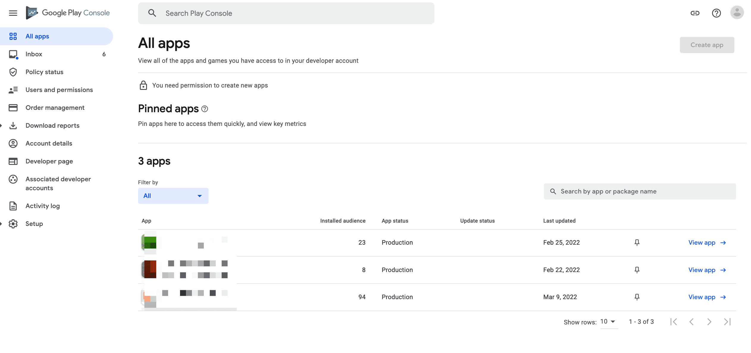 Lista de aplicaciones de Google Play y permiso para crear aplicaciones