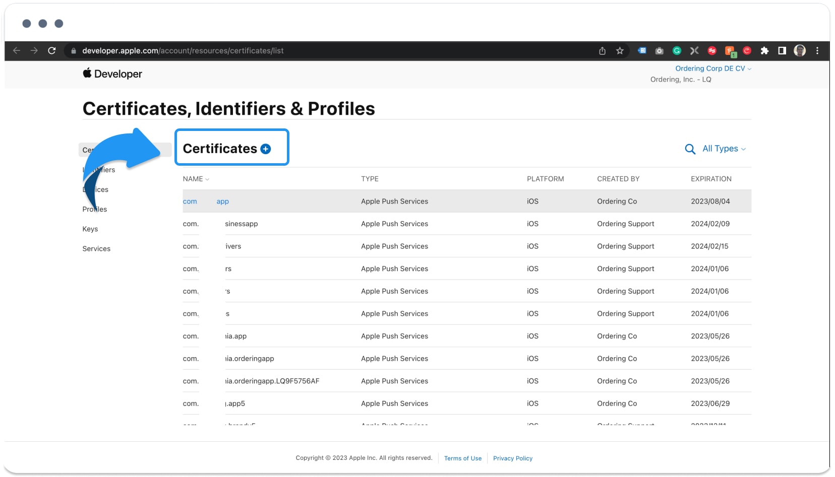 Vista histórica del proveedor para gestionar certificados