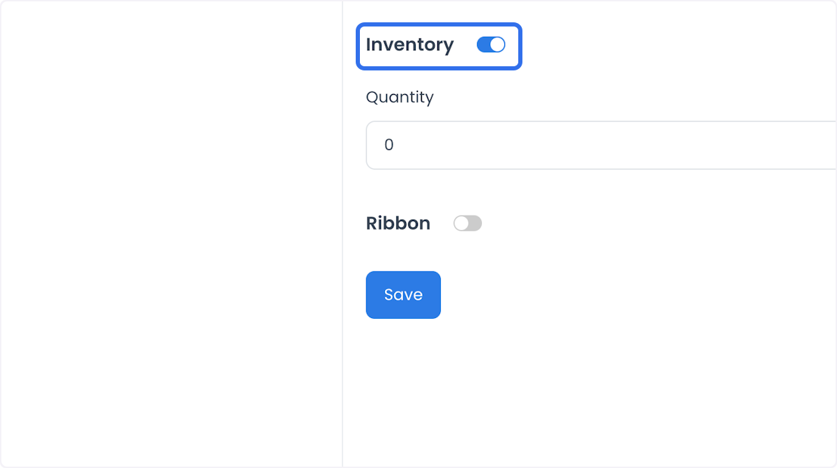 Pestaña Information con Inventory habilitado, Quantity en 0, interruptor Ribbon y botón Save