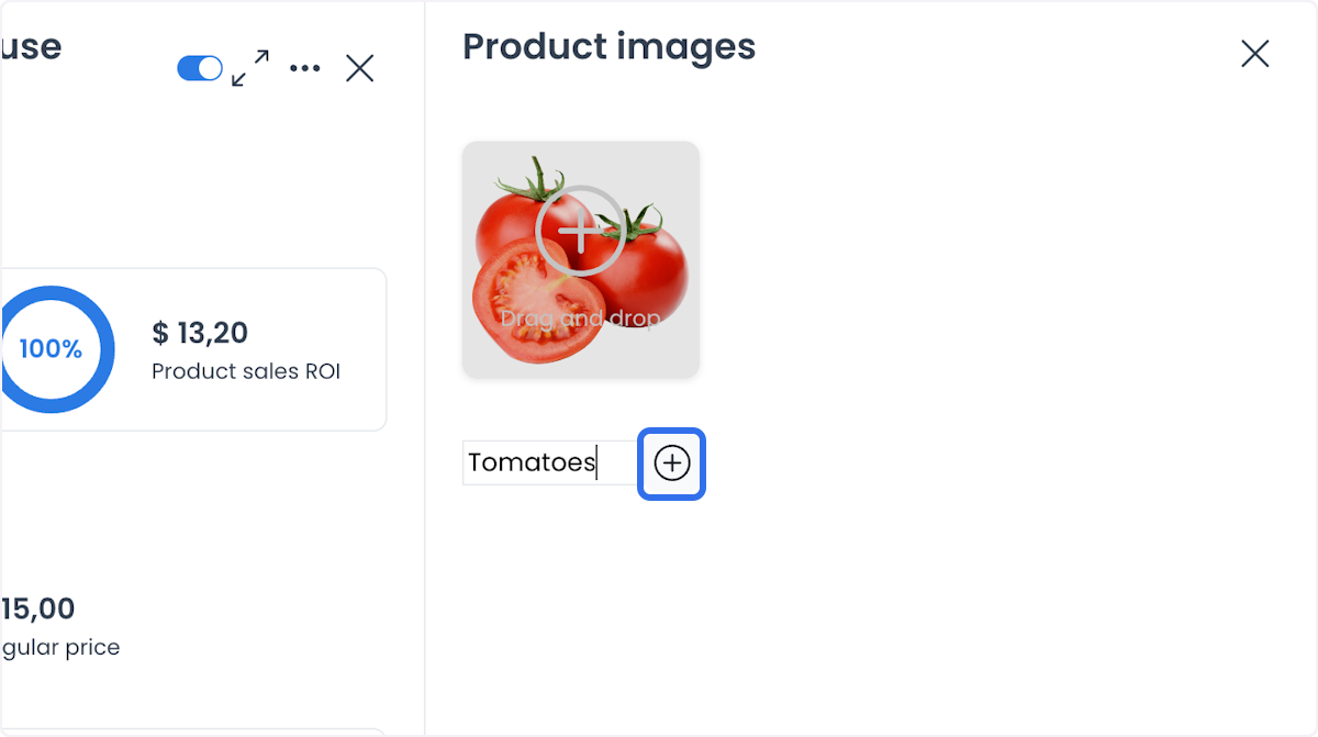 Panel Product images con Tomatoes en el campo Title y el control para agregar resaltado