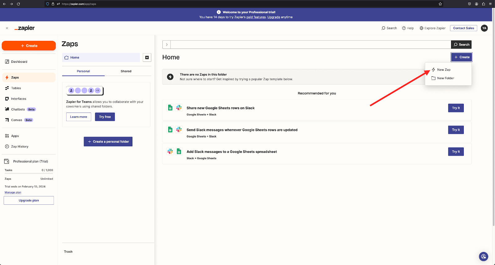 My Zaps de Zapier con Create Zap
